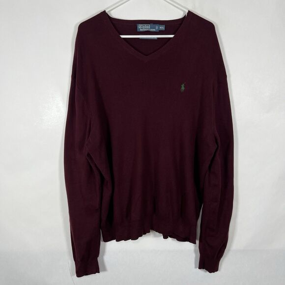 VTG Polo Ralph Lauren V Neck Sweater Mens XXL 2XL Maroon Green Pony Pima Cotton - Picture 1 of 9